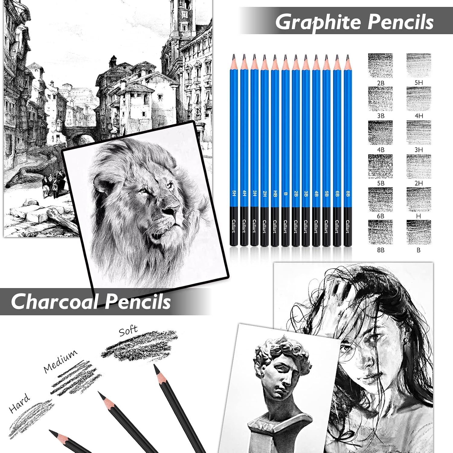 Caliart 176PCS Art Supplies Sketching Kit. 100 Sheets 3-Color Sketch Book | Graphite Colored Charcoal Watercolor & Metallic Pencils. Drawing Set Gifts for Adults Teens Girls Boys Kids - Image 4
