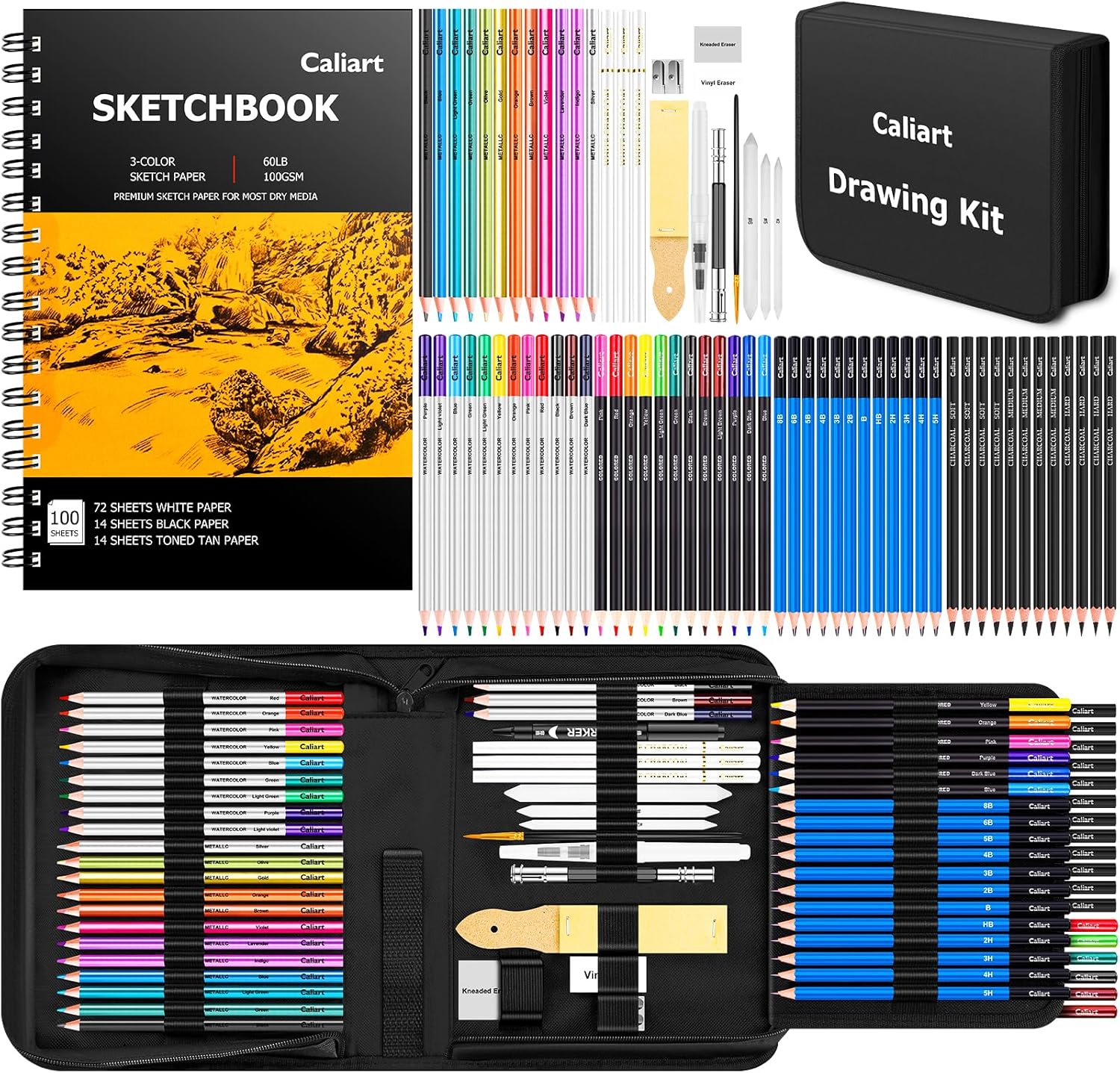 Caliart 176PCS Art Supplies Sketching Kit. 100 Sheets 3-Color Sketch Book | Graphite Colored Charcoal Watercolor & Metallic Pencils. Drawing Set Gifts for Adults Teens Girls Boys Kids