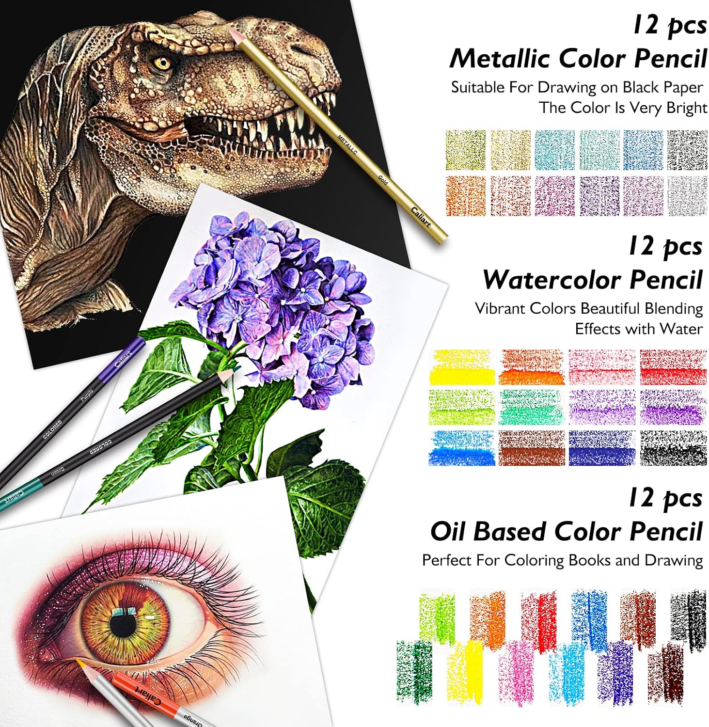 Caliart 176PCS Art Supplies Sketching Kit. 100 Sheets 3-Color Sketch Book | Graphite Colored Charcoal Watercolor & Metallic Pencils. Drawing Set Gifts for Adults Teens Girls Boys Kids - Image 3